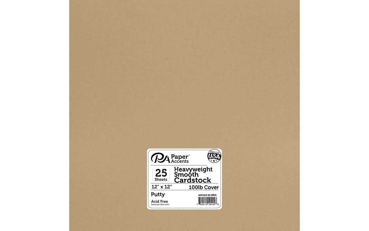 PA Paper Accents Heavyweight Smooth Cardstock 12" x 12" Putty, 100lb colored cardstock paper for card making, scrapbooking, printing, quilling and crafts, 25 piece pack